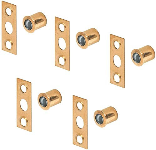 Gedotec Möbel-Schnäpper Kugelschnapper Ø 9.5 mm - Tiefe 10,5 mm Türschnapper zum Einpressen | Stahl vermessingt | Türverschluss mit Gegenplatte | Möbelbeschläge | 5 Stück