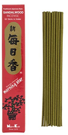 Nippon Kodo Incienso Morning Star Sándalo, Incienso de Estilo Japonés de 50 barritas, Incluye incensario