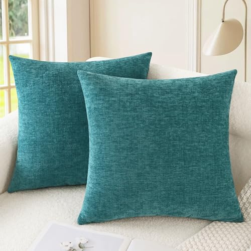 CaliTime Pack of 2 Cozy Throw Pillow Covers Cases for Couch Sofa Home Decoration Solid Dyed Soft Chenille 45cm X 45cm Teal