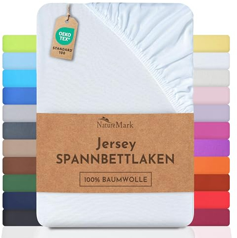 NatureMark Lenzuolo con angoli elasticizzati in jersey, in 100% cotone, in molti colori e misure, conforme all’Oeko-Tex Standard 100, 140 x 200 cm - 160 x 200 cm - bianco