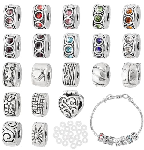 PH PandaHall 20Pcs Clip Lock Bead Charms Großes Loch Perlen Distanzperlen Clip auf Perlen mit 20 Pcs Silikon Gummi Stopper O-Ringe Fit European Style Armband für DIY Armband Schmuck Herstellung