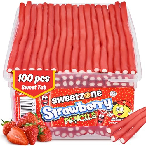 Sweetzone Strawberry Pencils Tub 100pcs | Strawberry pencil sweets, Halal chewy candy sticks, bulk tub, party pick and mix, retro British gummy candy