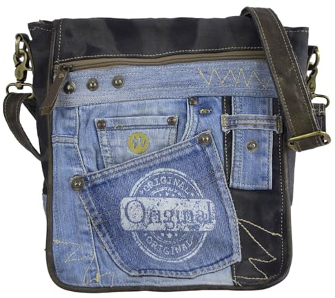 Sunsa Messenger Tasche Umhängetasche aus recycelte Jeans & Canvas Unisex | Nachhaltige Messengertasche mit viel Platz, Schultertasche mit vielen Fächern in schwarz/ blau, Handtasche mit Reißverschluss
