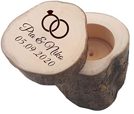 SNEG Ringkissen/Ringbox aus Holz mit Schiebedeckel + persönlicher Gravur | Hochzeit | Schatulle | Etui für Eheringe (Motiv 03 - Ringe modern)