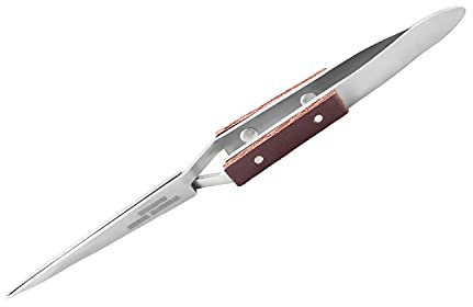 Utoolmart Pinzas de acero inoxidable con cierre cruzado de mango de madera, acción inversa recta, para electrónica, joyería, laboratorio, pasatiempo, 1 pieza