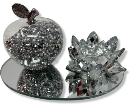 Amazing Gift Silver Sparkle Glass Ornament Bling Crushed Diamond Crystal Filled Apple Shape Tealight Candle Holder