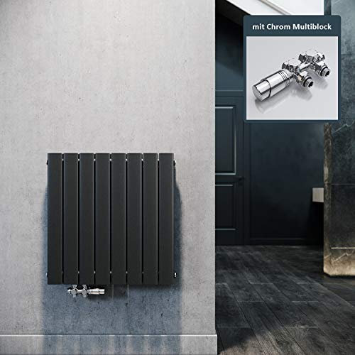ELEGANT Design Heizkörper Horizontal mit Chrom Multiblock 630x616mm Doppellagig Anthrazit Badezimmer/Wohnraum Paneelheizkörper Mittelanschluss Flachheizkörper