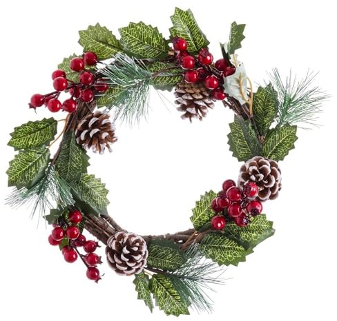 LOLAhome Corona de Navidad Artificial con Acebo Rojo y piñas Naturales de 24 cm