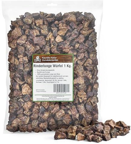 Kaureks Natur Hundeleckerlies, Rinderlunge 1kg, Rinderlunge Würfel, Kausnack, Hundefutter, Kauartikel