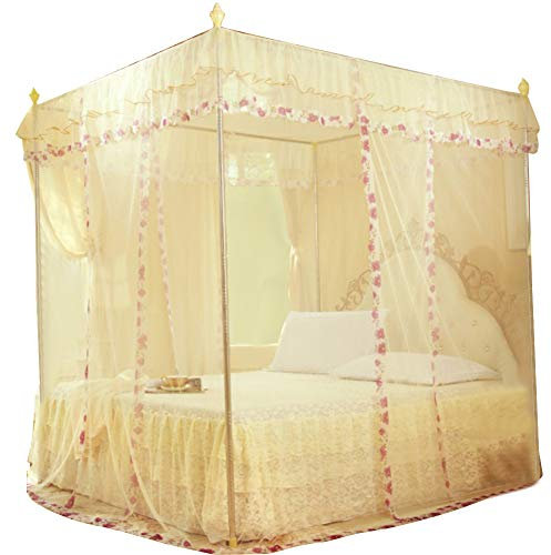 Bettvorhänge mit Baldachin an den Ecken, 120 x 200 x 200cm Canopy Curtains Bed Moskitonetz Doppelbett Baldachin im Prinzessinnen-Stil, Design mit DREI seitlichen Öffnungen(gelb)