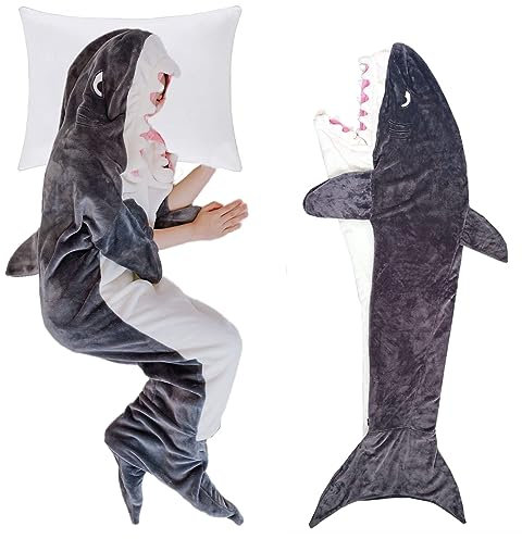 HOIDKET Hai-Decke, tragbare Decke mit Kapuze für Erwachsene, Damen und Herren, superweich, gemütlich, Flanell-Überwurfdecke, Hai-Schlafsack (Hai, 190 cm H x 68 cm B (passend für Körpergröße 1,5 m -