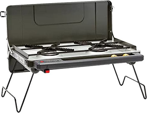 CAJOLI Camping Two Hole Gas Stove with Ignition, Heat Control, Portable Heater, Camping, Caravan BBQ,Green