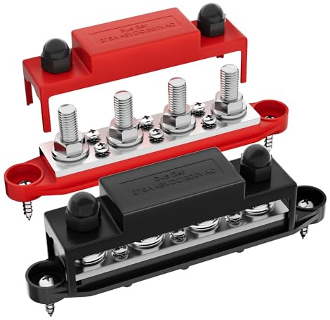 RVBOATPAT Bus Bar Terminal Block 4 x 4 x 3/8 (M10) Terminal Stud, 6 x #8 (M4) Screw Terminals Positive & Ground Power Distribution Block 12V - 48V (Red & Black)