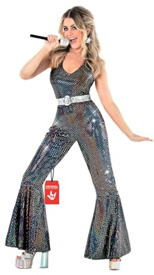 Morph 70er Jahre Outfit Damen, 70er Kostüm Jumpsuit, Schlagermove Outfit Damen, Disco Schlagerparty Glitzer Kostüm, Saturday Night Fever Für Karneval, Fasching & Halloween, XL