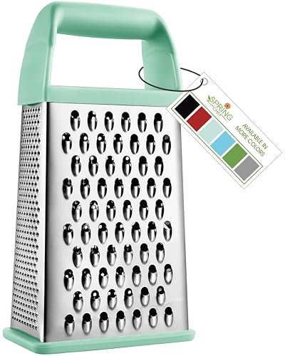 Spring Chef Professional 10 Stainless Steel Parmesan Cheese Grater with Handle, 4 Sided Handheld Box Grater, Kitchen Potato Shredder for Hash Browns, Hard Cheese, Ginger, Vegetables, Carrot - Mint