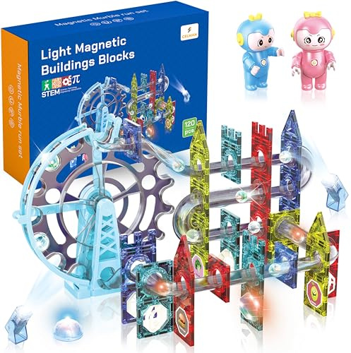 CELMAN Magnetiska byggstenar 120 delar, magneter, byggklossar, kulbana med tillbehör, Montessori-leksak, magnetkulbana för barn från 3 4 5 6 7 8 år, STEM, pedagogisk leksak, gåva
