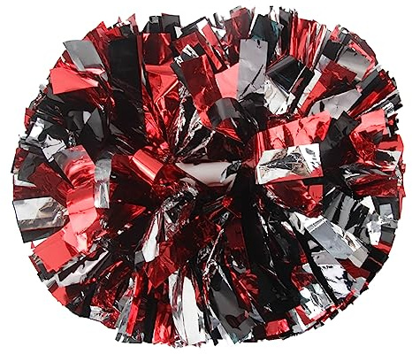 Lovecheer 2 x schwarze und rote und silberne Pompons, Cheerleading | Dicker metallischer Kunststoff, Griff einfach zu halten, Halloween-Party, Teamgeister, Sportspiele, Jubeln, Tanztraining