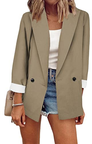 OMZIN Donna Lapel Collar Open Front Business Pockets Work Office Blazer Jacket Suit Khaki M