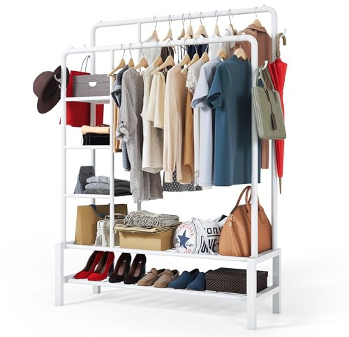 Klass Home Collection Heavy Duty Clothes Rail, 120KG White Metal Rack With Double Hanging Clothing Rail, Shoe Rack, Storage Shelves & 4 Coat Hooks, Wardrobe Clothes Rails For Bedroom Office Shop