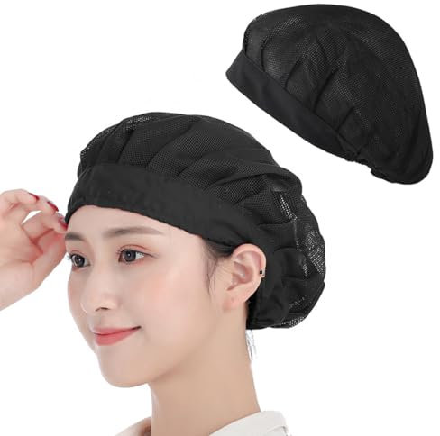 LEEQ Köksmössor – 2 st kockmössor för kök, matlagning, kockhatt justerbar catering service hårnät kök återanvändbar nät matsal beanie kokmössa kvinnor män (svart)