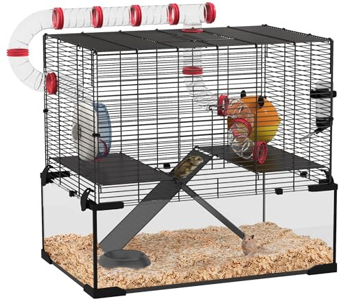 PawHut Cage à hamster, cage à gerbille avec fond en verre profond, tunnels, rampes antidérapantes, plateformes, cabane, roue d'exercice, bouteille d'eau, plat, pour hamster nain, 60 x 40 x 57 cm