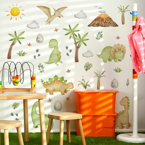 Runtoo Wandtattoo Dinosaurier Baby Wandsticker Dino Aquarell Vulkan Palmen Blätter Wandaufkleber Kinderzimmer Babyzimmer Mädchen Junge Schlafzimmer Wanddeko