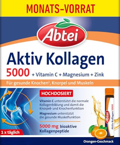 Abtei Aktiv Kollagen 5000 – Für gesunde Knochen und Muskeln – Hochdosiert, Zuckerfrei, Glutenfrei, Laktosefrei – Monatspackung – 30 Trinkampullen