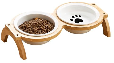 GmeDhc Katzennapf, 2 Stück Katzennapf aus Keramik mit Holzständer, Futternapf Katze, Keramik Fressnapf und Wassernapf im Katzen Napfset für Katzen und Hunde