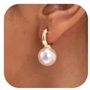 MOODEAR Dainty Freshwater Pearl Earrings - Trendy 14k Gold Plated Bridal Small Hoop Dangle Drop Earring for Women Wedding Jewelry