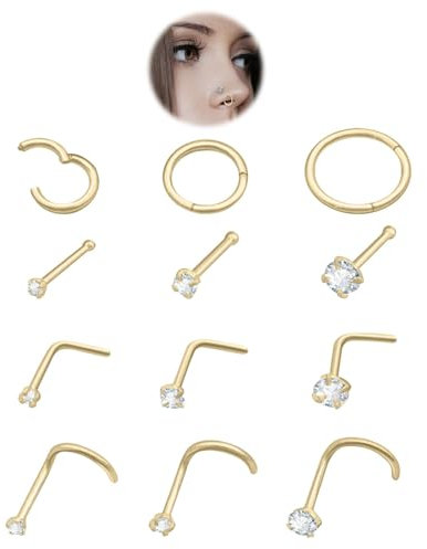 Vordpe 12 Stück Nasenpiercing, Chirurgenstahl Piercing Nase, Nasenstecker, 6/8/10MM Nasenpiercing, Edelstahl 18/20G (Gold)