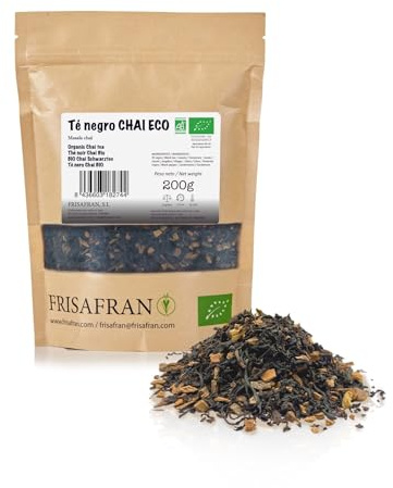 FRISAFRAN | Thé noir Chai en vrac Bio 200g | Antioxydant | Énergisant | Anti inflammatoire | détox | décaféiné | naturel | sans additifs | thé aux épices | Mélange instantané de poudre de thé chai