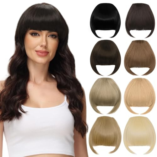 PARXITN Clip in Bangs Clip in Pony Haarverlängerungen Synthetische Flat Bang mit Schläfen Front Face Fringe Pony Haarteile Sepia Braun für Frauen Pony Haare