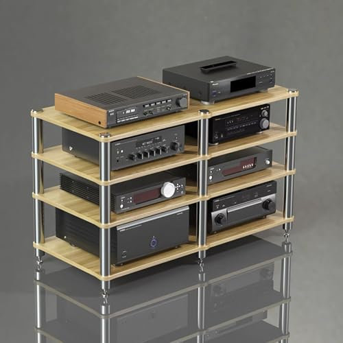 GUAWJRZDP Rack Audio Multilivello, Rack Hi Fi in Legno Con Colonne in Acciaio Inossidabile, Mobile Stereo Hi Fi Rack Hi Fi, Cabinet Audio Hi Ficon Punte Ammortizzanti, for Ufficio Domestico(Wood Color