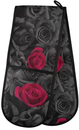 Double Oven Gloves Heat Resistant Black Red Rose Double Oven Mitts Pot Holder Heat Protection Oven Gloves for Home Kitchen Baking Cooking BBQ Microwave