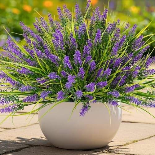 N&T NIETING 6 Bündel Künstliche Blumen Lavendel Outdoor Kunstpflanze, Wetterfest Balkonpflanzen Frühling Plastikblumen für Draußen Balkon Garten Schreibtischdeko Dekoration(Lila)