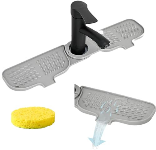 Generico Confezione 2 tappetini lavello paraspruzzi 1 pennello legno tappetino aspirazione silicone rubinetto adatto cucina bagno