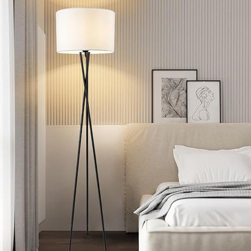 zenggp Dreibeinige Stehlampe Mid-Century-Stehlampe Mit Trommelförmigem Stoffschirm Modernes Minimalistisches Design 63 Große Industrielampe Für Schlafzimmer Esszimmer Wohnzimmer Büro(White)