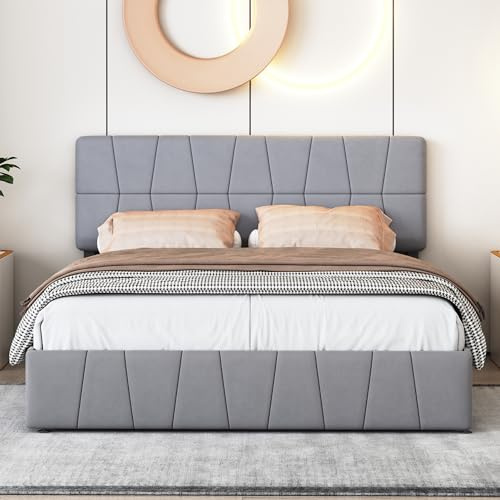 BLSYHDH Bagagebädd 160 x 200, vadderad säng med 4 sänghuvudsänglådor för dubbelsäng med vadderad sängförvaring med ribbotten (grå) + sammet, 160 x 200 cm)