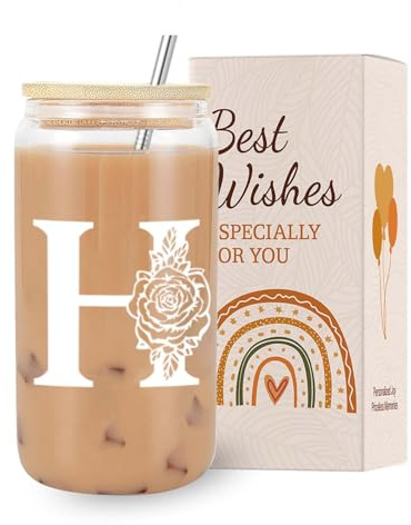 VivaJoy A-Z Initial Personalised Birthday Gifts for Women - Monogrammed Gifts for Women,Initial Letter H,Glass Cups with Lids Straws, Christmas or Birthday Gifts for Her,Mum,Friend,Sister（Letter-H）