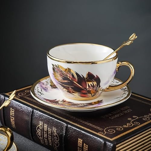 Huiyiwert Goldrand Ensemble tasse à expresso avec soucoupe et cuillère en porcelaine, 220 ml, motif plumes, moderne, pour cappuccino, latte, moka, thé (rouge)