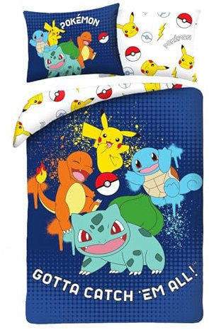Ropa de cama infantil reversible con certificado Öko-Tex, funda nórdica de 140 x 200 cm y funda de almohada de 70 x 90 cm, Pokemon con Pikachu, Glumanda, Escarabajo espada y Bulbizarr,