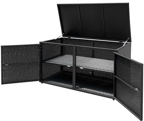 HOMASIS 335L Auflagenbox Wetterfest Outdoor, PE-Rattan Aufbewahrungsbox mit Deckel & Doppeltüren & Ablage, 2-stöckiger Gartenschrank Kissenbox Gartentruhe Gartenbox für Balkon, 115x60x65cm (Schwarz)