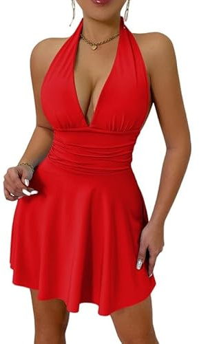 Sukiglam Robe Femme Sexy sans Manches Col Halter Robes Moulante Elegant Bodycon Dos Nu Robe Courte d'Été Décontractée Mini Robes à Volants pour Soirée Clubbing Cocktail Fête