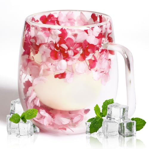 AWSOLAR Doppelwandige Kaffeegläser 350ml, Getrocknete Blumen Glastasse, Teeglas Doppelwandig Geschenke für Frauen Mutter Frau Lehrer Freund