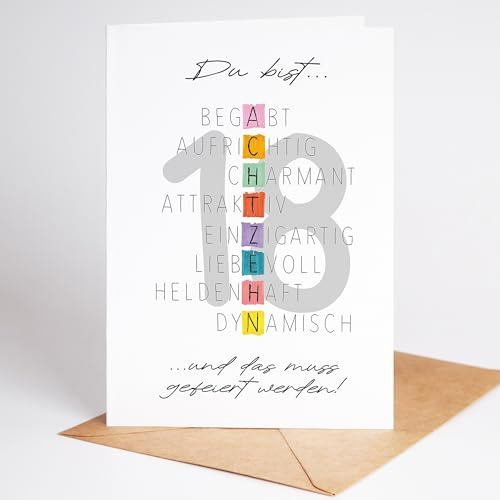 Lovely Cards - Rätselkarte bunt - Premium Geburtstag Karte Mädchen Junge 18 Jahre - schöne Karte zum Geburtstag Freundin - Geburtstagskarte für Sohn Tochter Grußkarte A6 (18 Jahre)