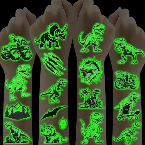 Dino Tattoos für Kinder,10 Blätter Leucht Kindertattoos Hautfreundlich Set Temporär Tattoos Sticker,Mitgebsel Kindergeburtstag Gastgeschenke Party Deko Dinosaurier Spielzeug Junge