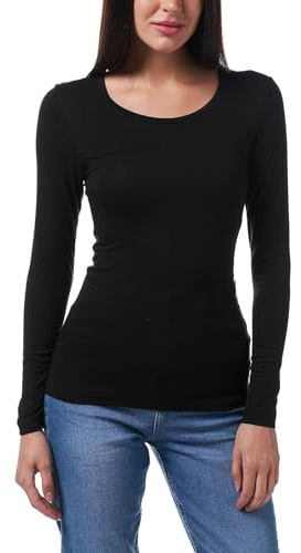 Fjquamitix Womens Tops Long Sleeve Crew Neck T-Shirt Stretchy Basic Casual Top Solid Slim Fit Tee Ladies Round Neck T-Shirt for Daily Workouts Office Outings (S, Black)