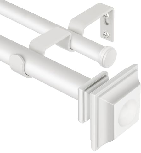 KAMANINA 1 Inch Double Curtain Rods for Windows 66 to 120 Inches (5.5-10 Feet), Adjustable Heavy Duty Drapery Rod, Telescoping Dual Curtain Rod with Square Ends, Ivory White