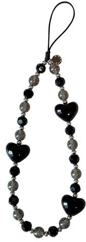 Drawwind Phone Charm Beaded Wristlet Strap Universal Cell Phone Lanyard Cute Bracelet Wrist Strap Beaded Chain String Handmade Accessories for Case Camera Bags (Black Hearts)