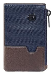 PIQUADRO – Portafoglio Compatto Automatico – in Pelle e Tessuto con Porta Monete – Protezione RFID, 2 comparti interni – Colore Blu/Testa di Moro – Uomo